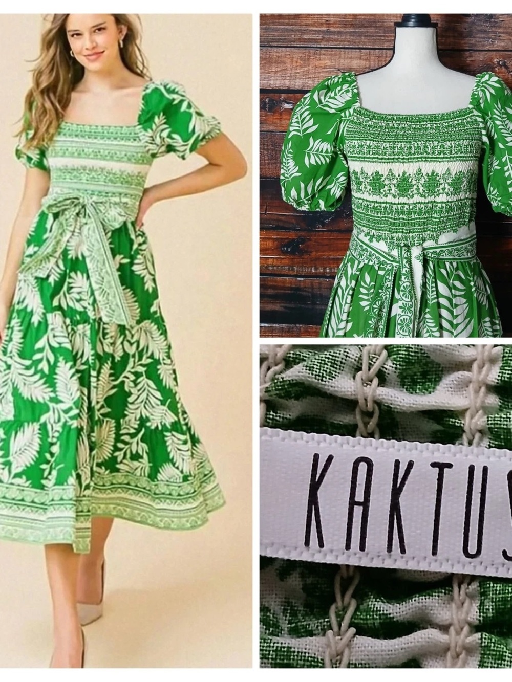 Kaktus Green and White Floral Smocked Puff Sleeve Midi Dress with Tie Waist